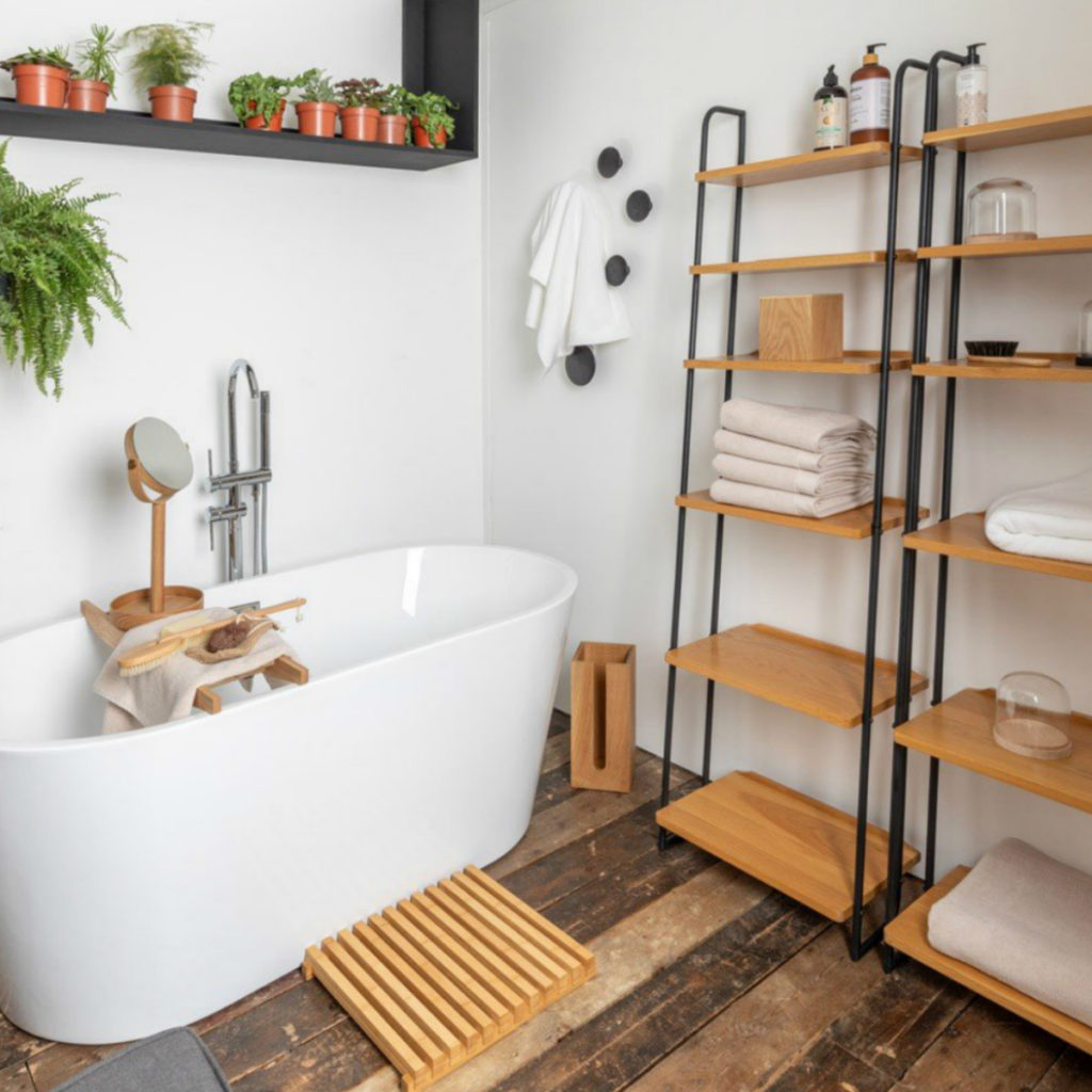 Bruenl Lean-To Shelves in a bathroom