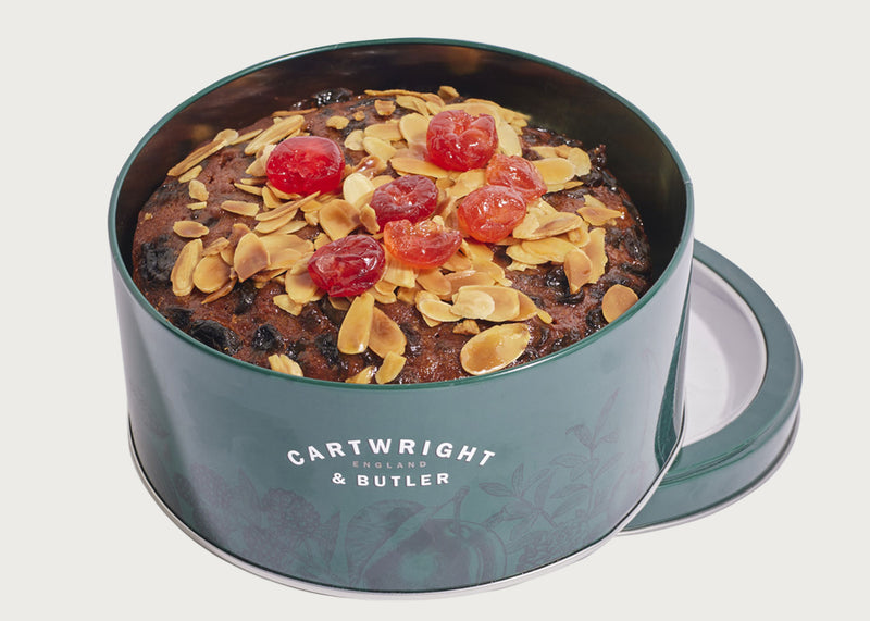 Cherry and Almond Decorated Fruit Cake in Tin