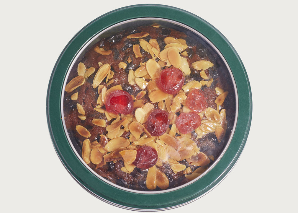 Cherry and Almond Decorated Fruit Cake in Tin