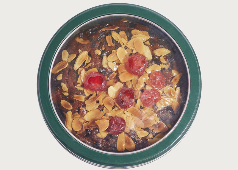 Cherry and Almond Decorated Fruit Cake in Tin