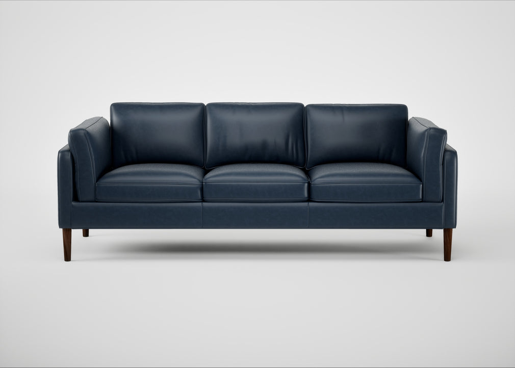 Sonno 4 Seater Sofa Leather Stonewash Navy Blue 279 / Walnut