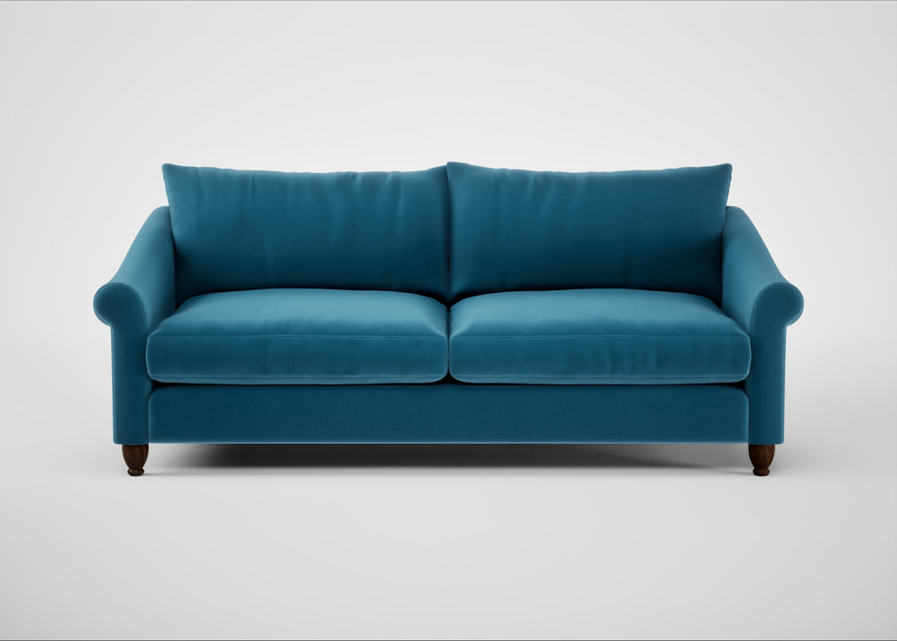 Devon 4 Seater Sofa Smart Velvet Ocean Blue / Walnut Stained
