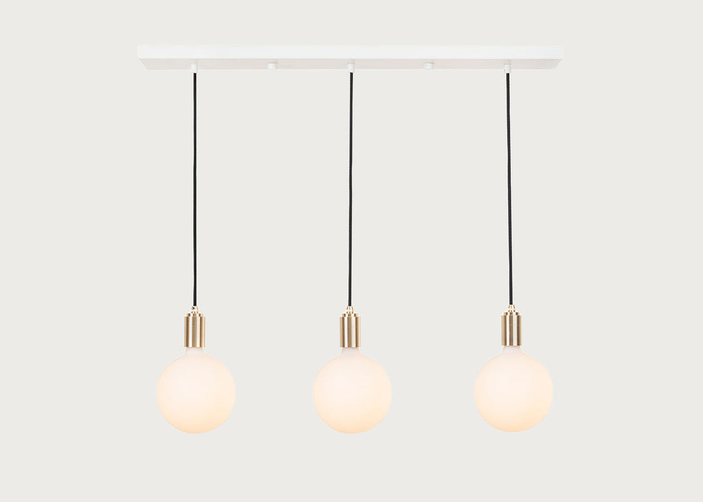 Linear Triple Pendant Canopy with Brass Fittings and 3 Sphere IV Bulbs