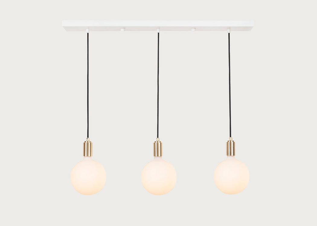 Linear Triple Pendant Canopy with Brass Fittings and 3 Sphere IV Bulbs