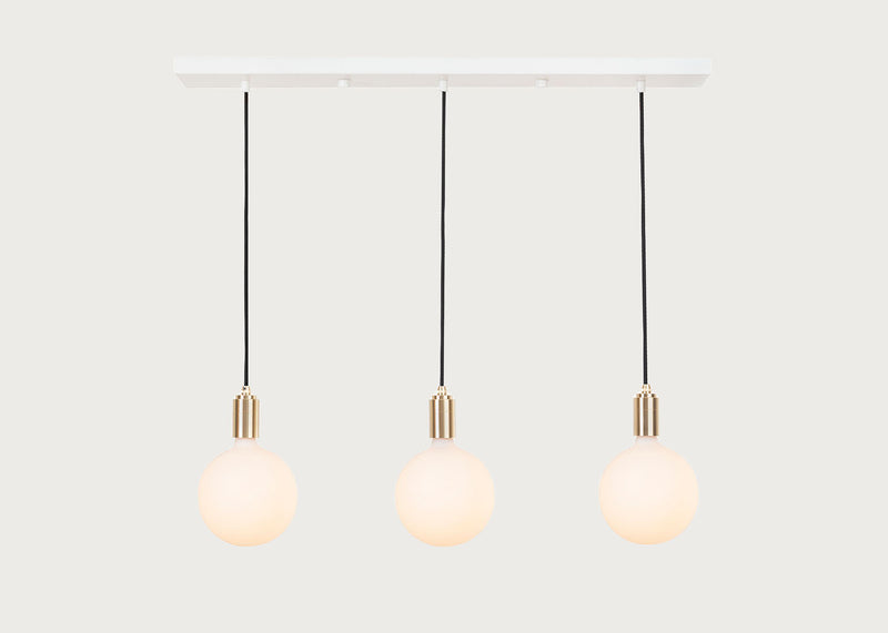 Linear Triple Pendant Canopy with Brass Fittings and 3 Sphere IV Bulbs