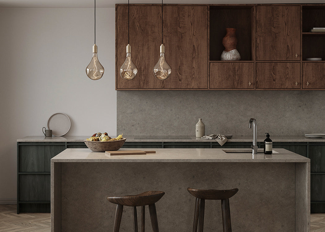 Linear Triple Pendant Canopy with Brass Fittings and 3 Voronoi II Bulbs