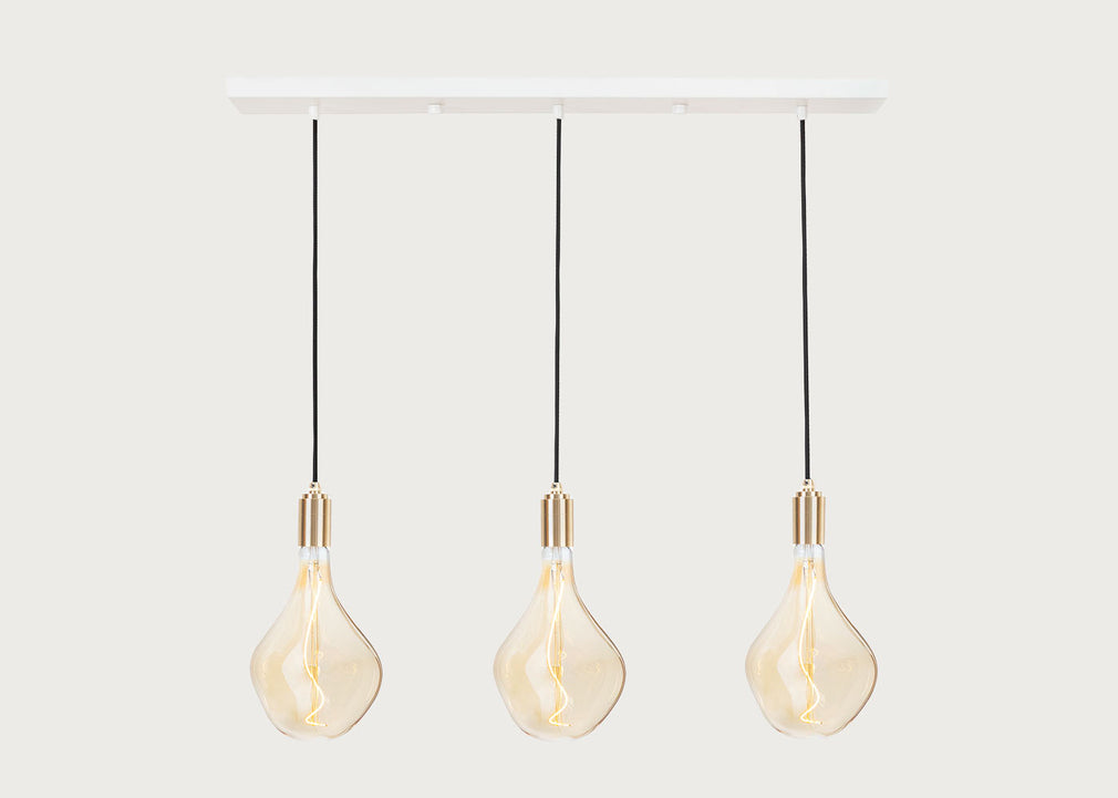 Linear Triple Pendant Canopy with Brass Fittings and 3 Voronoi II Bulbs