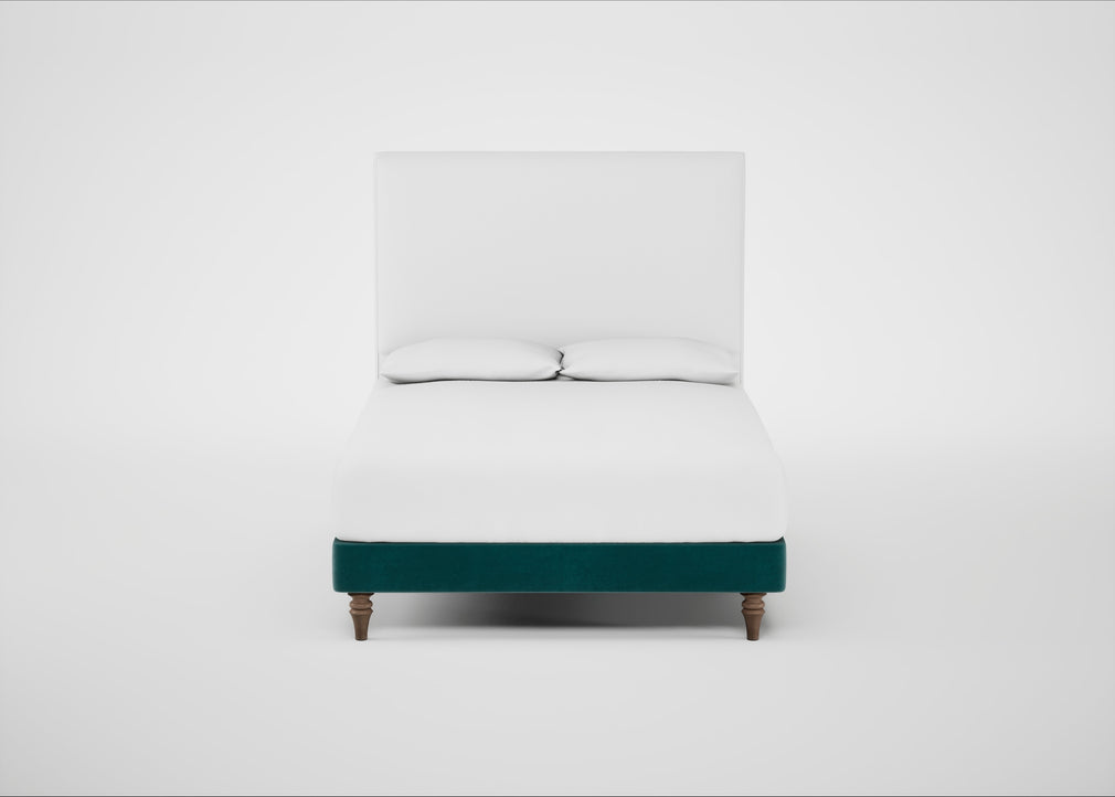 Shallow Divan Bed Base Double / Smart Luxe Velvet Ocean Green / Light Turned Wood