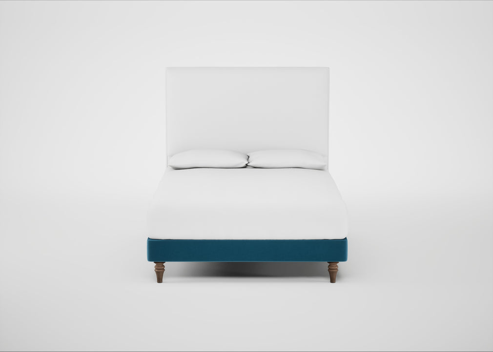 Shallow Divan Bed Base Double / Smart Velvet Ocean Blue / Light Turned Wood