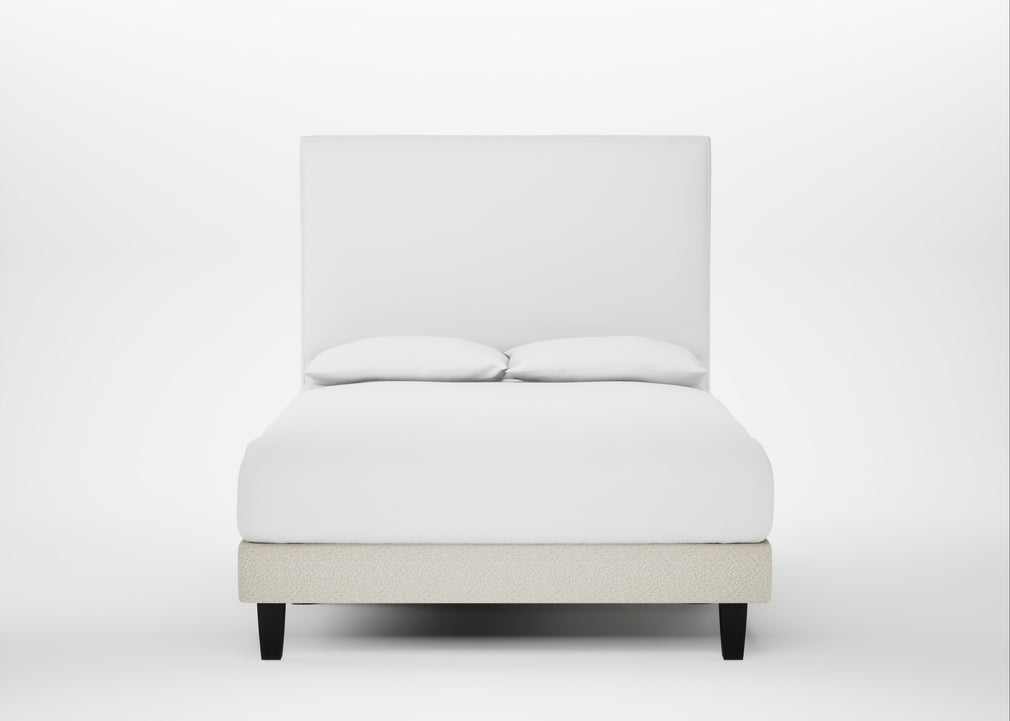 Shallow Divan Bed Base Double / Chunky Boucle Ecru / Dark Solid Wood