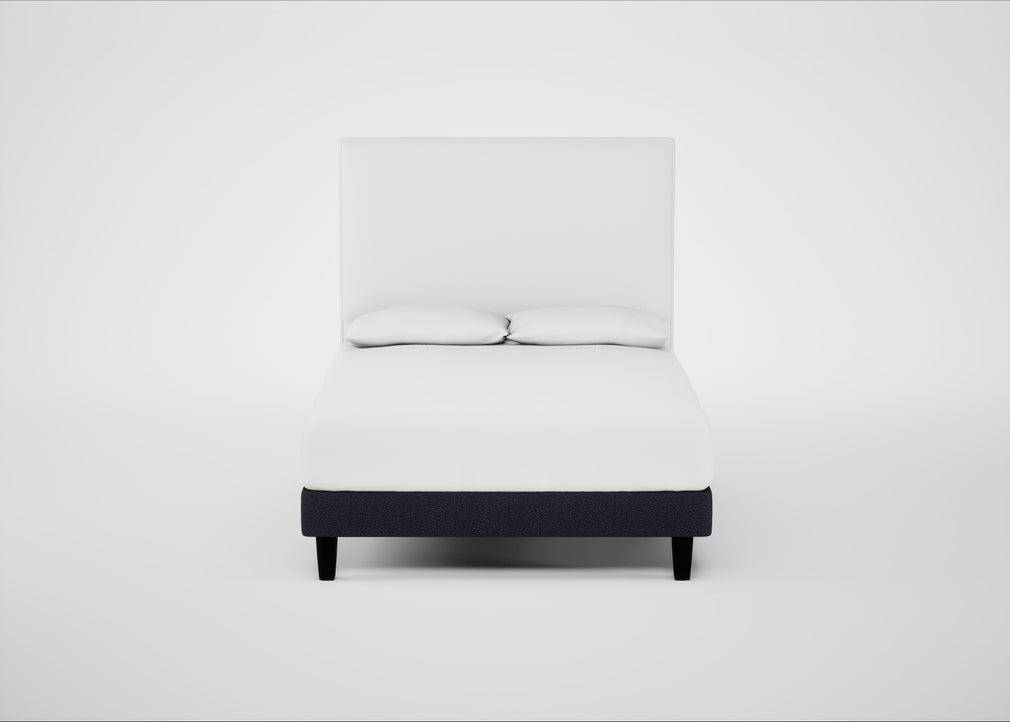 Shallow Divan Bed Base Double / Boucle Indigo / Dark Solid Wood