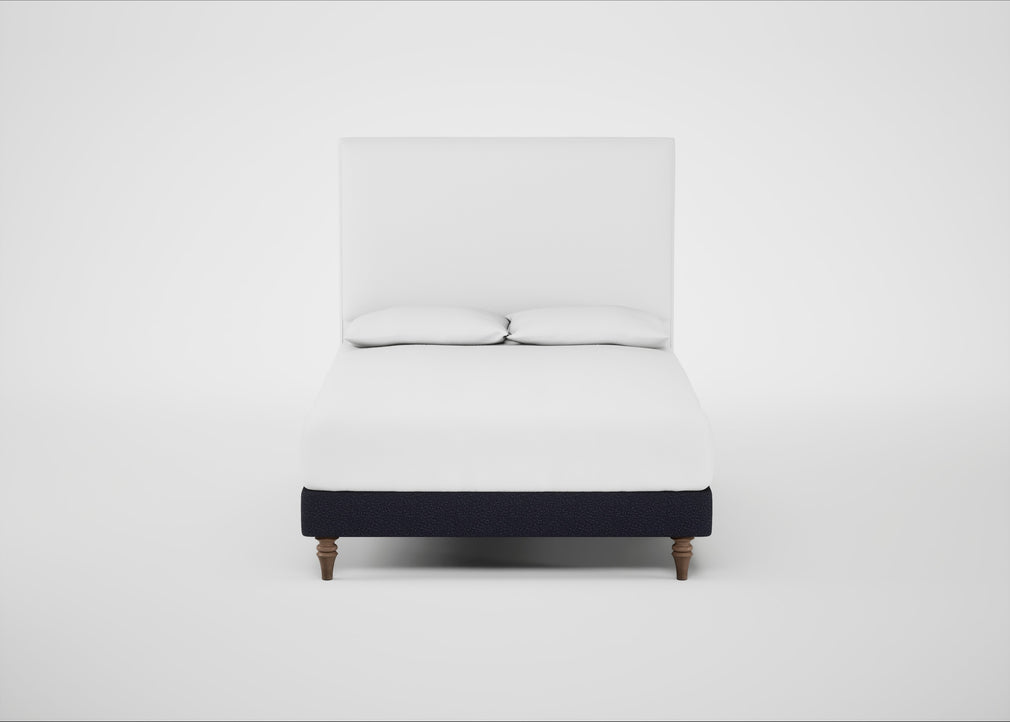 Shallow Divan Bed Base Double / Boucle Indigo / Light Turned Wood
