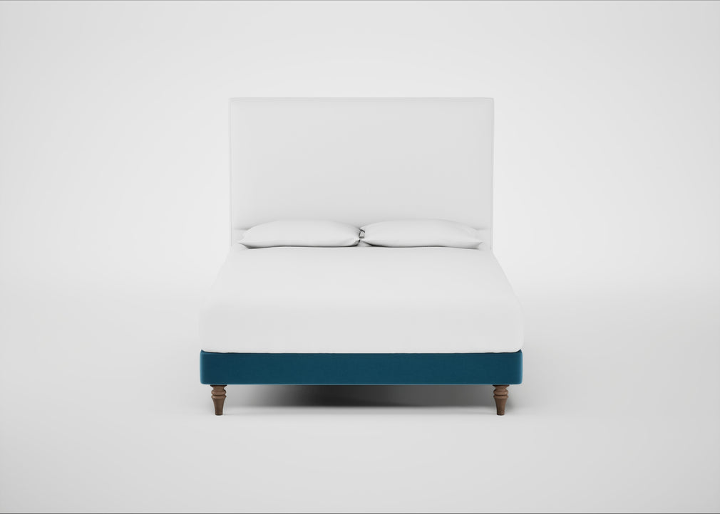 Shallow Divan Bed Base King / Smart Velvet Ocean Blue / Light Turned Wood