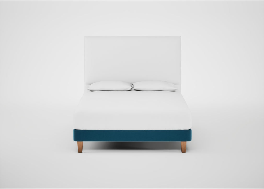 Shallow Divan Bed Base King / Smart Velvet Ocean Blue / Light Solid Wood