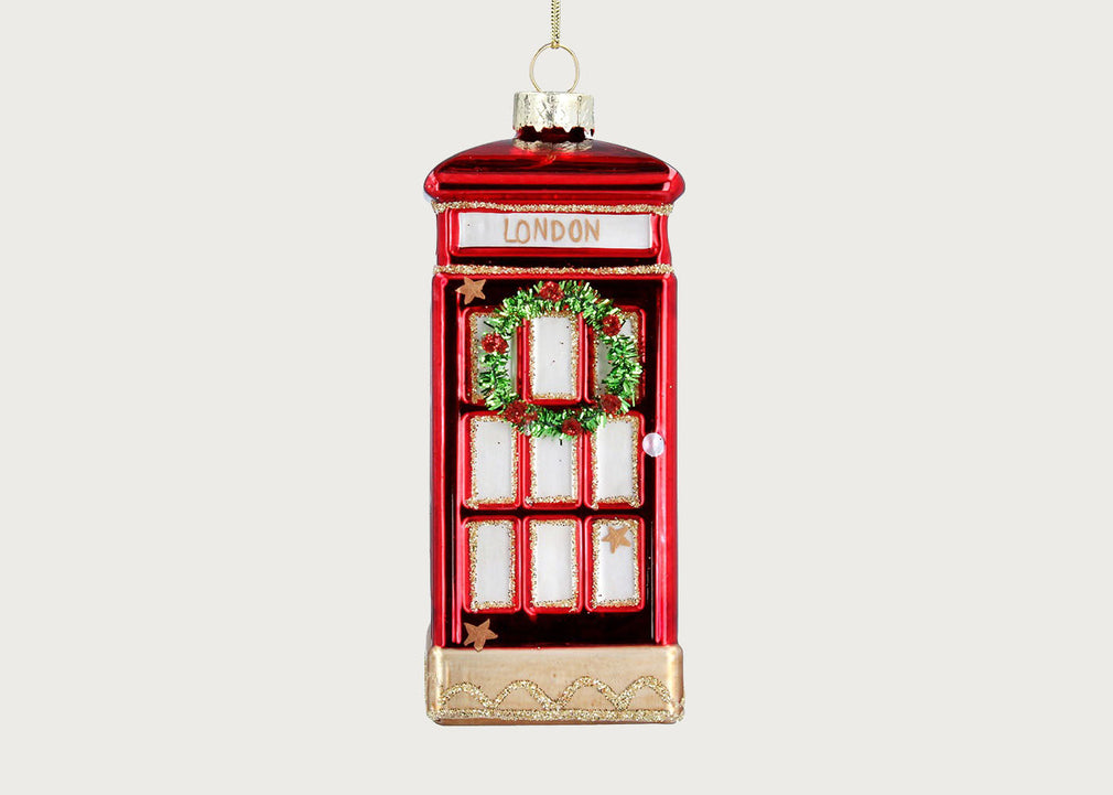 London Phone Box wtih Wreath Glass Decoration