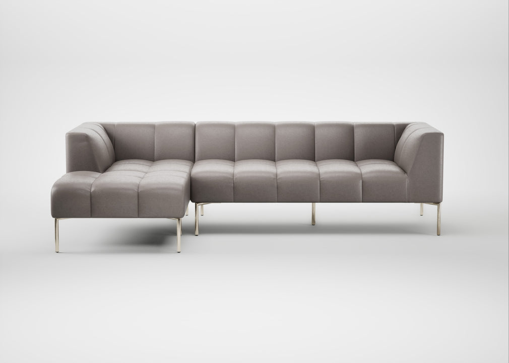Quadro Left Hand Facing Chaise Sofa Daino Leather Elephant / Stainless Steel