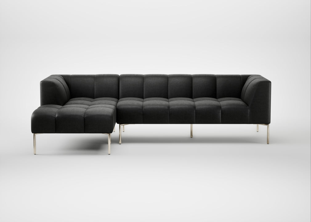 Quadro Left Hand Facing Chaise Sofa Linea Leather Black 622 / Stainless Steel