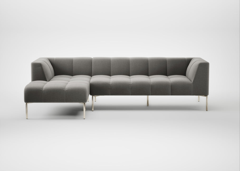 Quadro Left Hand Facing Chaise Sofa Nobilis Velvet Dolphin / Stainless Steel