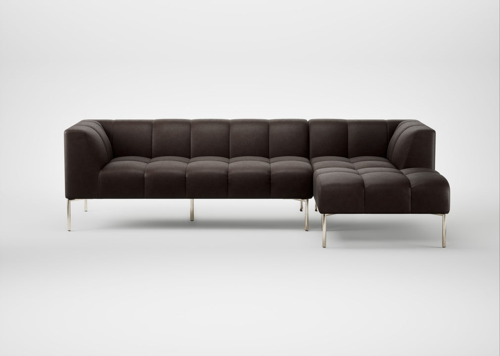 Quadro Right Hand Facing Chaise Sofa Leather Grain Chocolate 066 / Stainless Steel