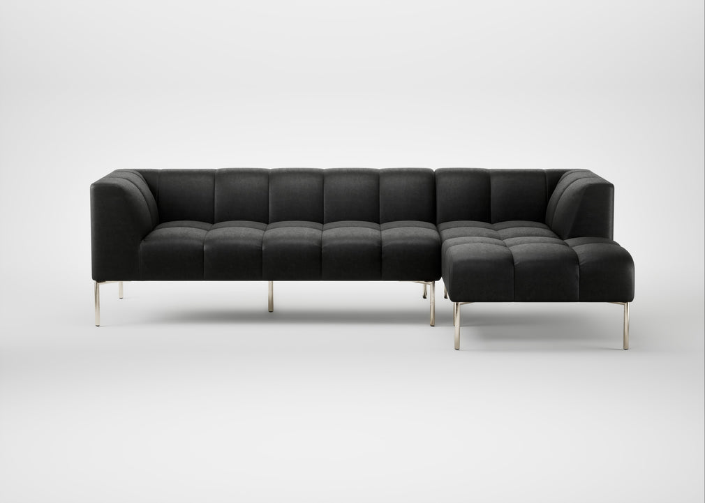 Quadro Right Hand Facing Chaise Sofa Linea Leather Black 622 / Stainless Steel