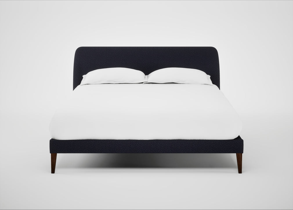 Wallis Bed King / Boucle Indigo / Walnut Stained"