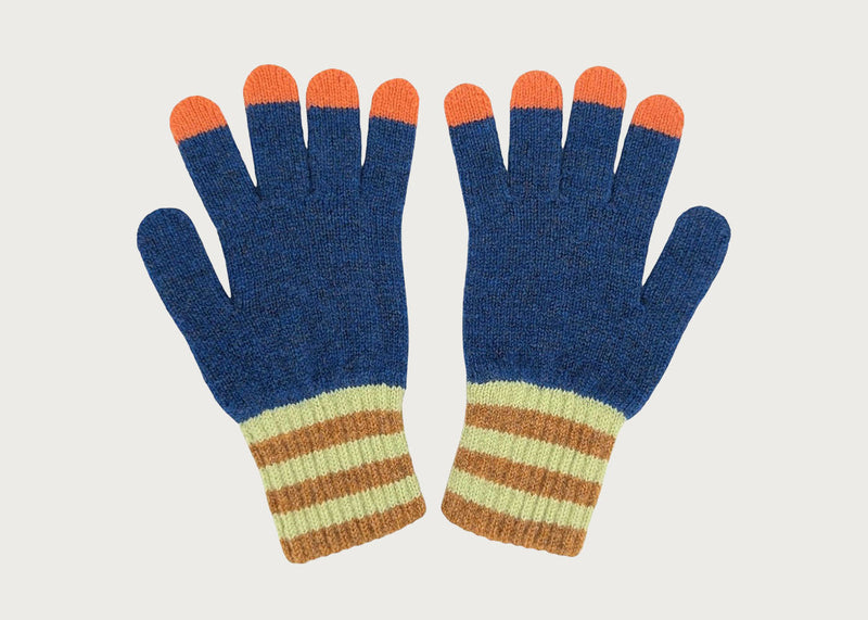 Kids Lambswool Gloves Petrol Blue/Orange Stripe