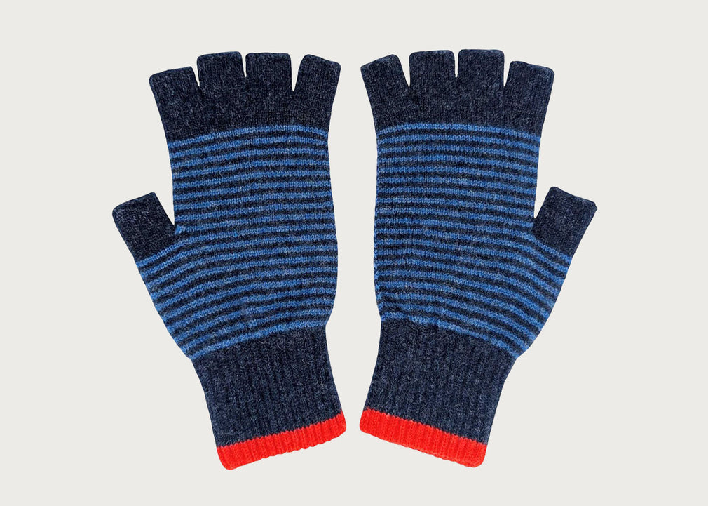 Unisex Lambswool Fingerless Gloves Navy Stripe