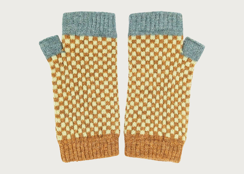 Womens Lambswool Wristwarmers Green/Mustard Check