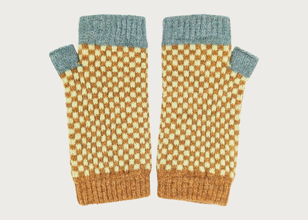 Womens Lambswool Wristwarmers Green/Mustard Check