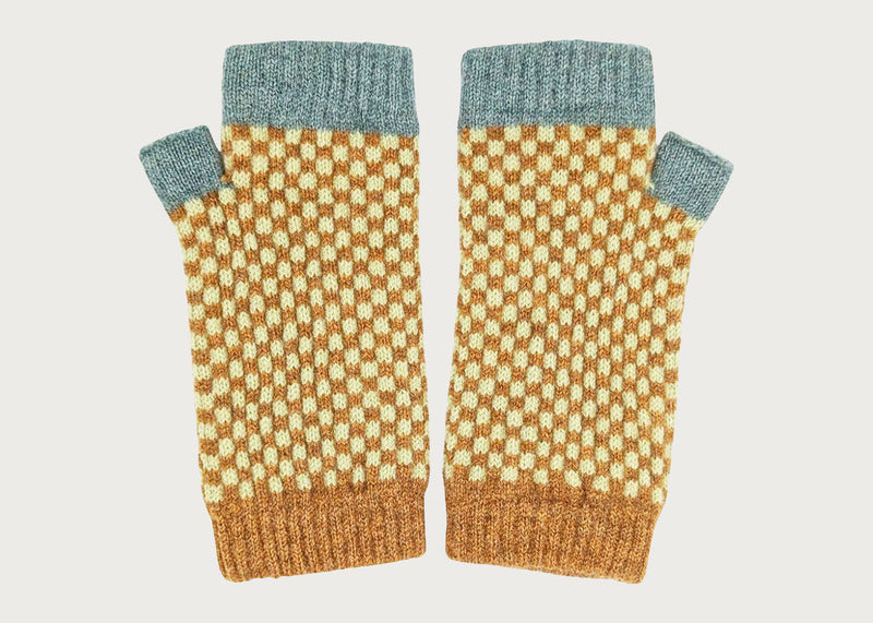 Womens Lambswool Wristwarmers Green/Mustard Check