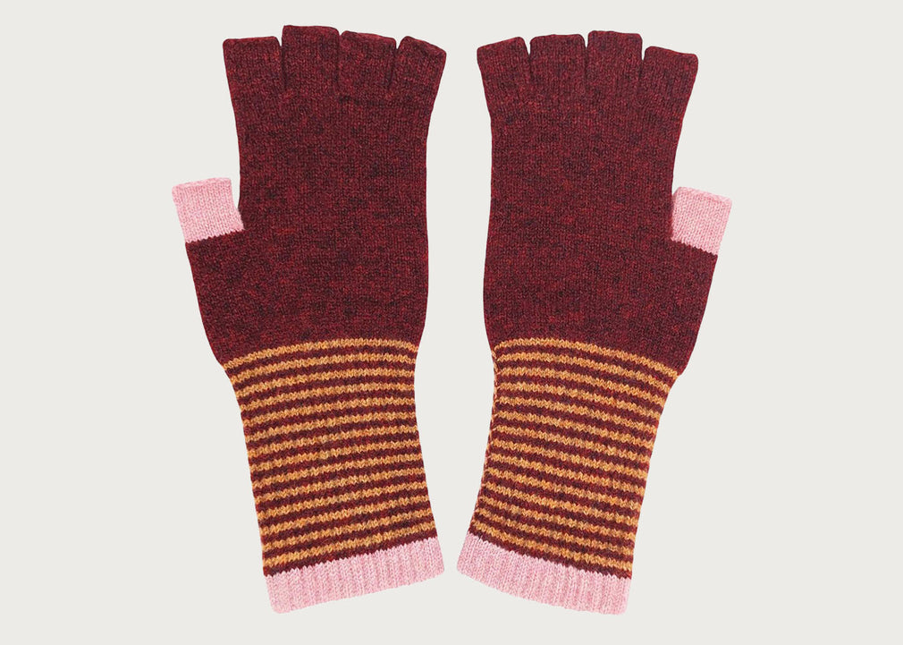 Womens Lambswool Fingerless Gloves Bordeaux Stripe