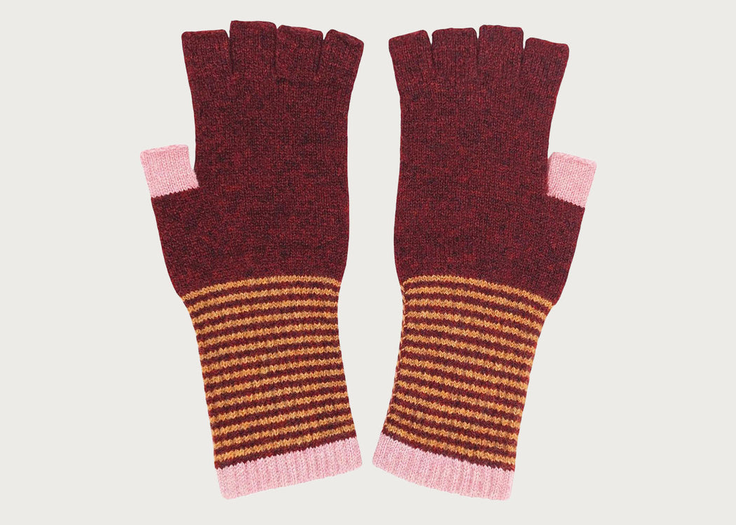 Womens Lambswool Fingerless Gloves Bordeaux Stripe