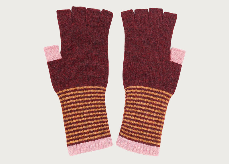 Womens Lambswool Fingerless Gloves Bordeaux Stripe