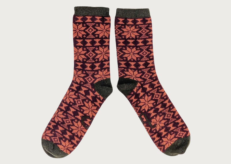 Men's Lambswool Socks Fairisle Plum and Dark Green