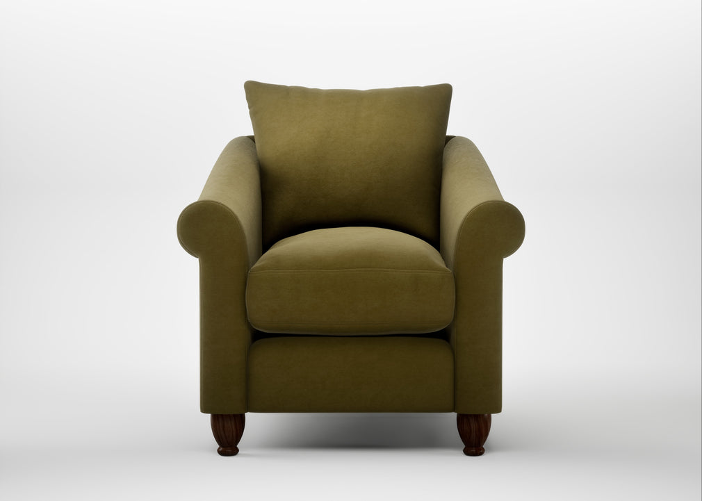 Devon Armchair Wool Velvet Olive / Walnut Stained