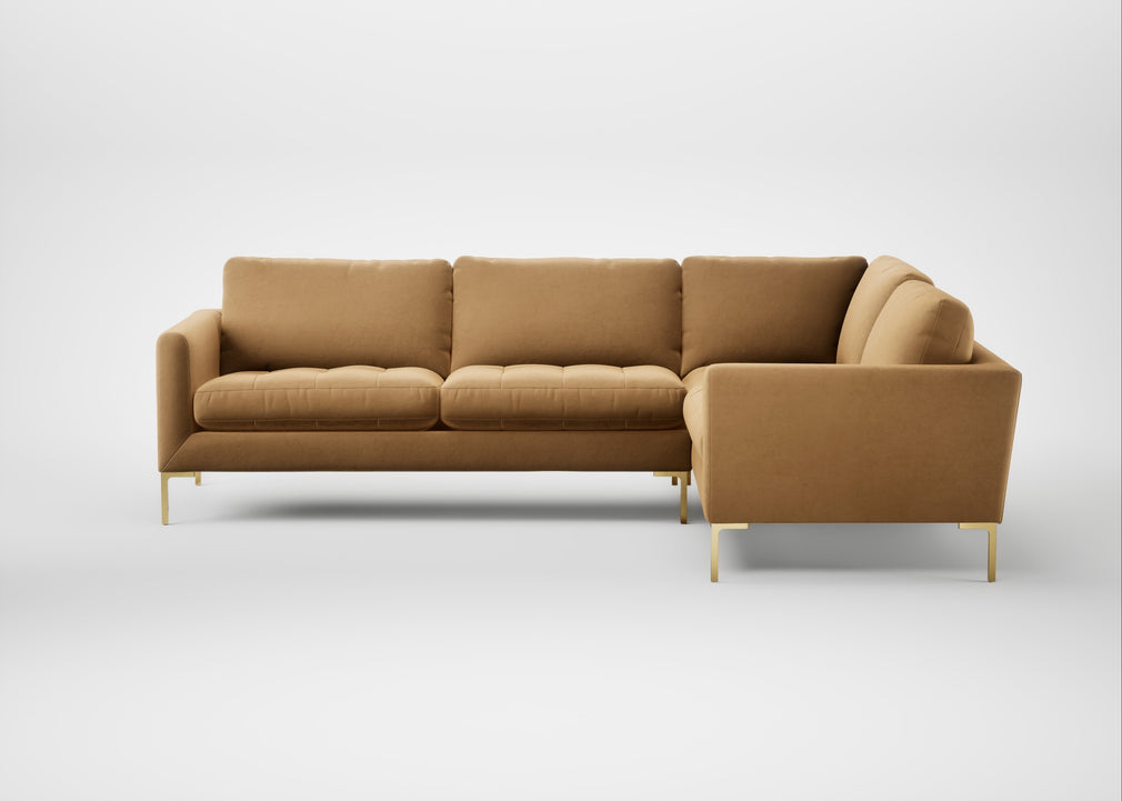 Eton Right Hand Facing Corner Sofa Wool Velvet Camel / Brass