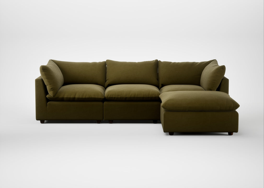 Astrid Right Hand Facing Corner Chaise Sofa Wool Velvet Olive / Walnut Stained Beech
