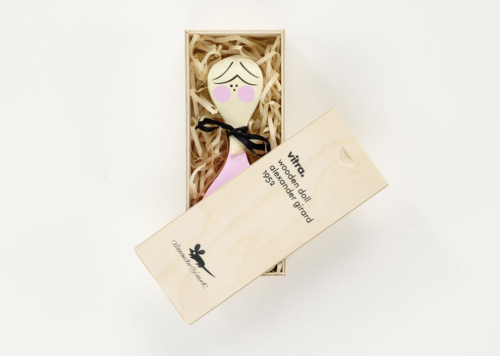Girard Wooden Doll No. 2 Wooden Doll with Black Bow & Pink Dress