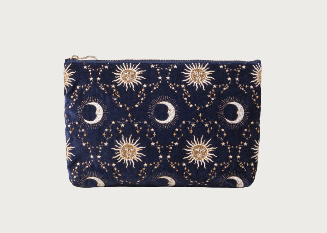 Celestial Sun & Moon Velvet Everyday Pouch Navy