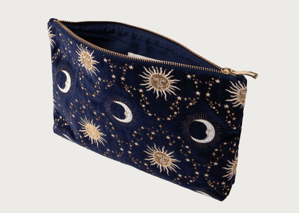 Celestial Sun & Moon Velvet Everyday Pouch Navy