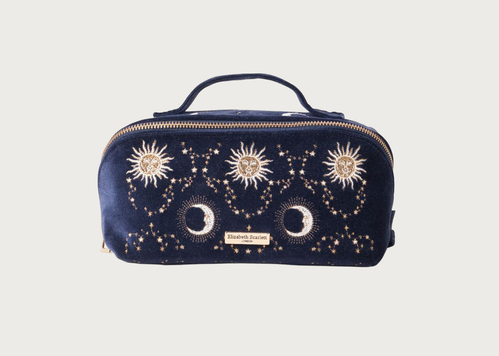 Celestial Sun & Moon Velvet Open Flat Makeup Bag Navy