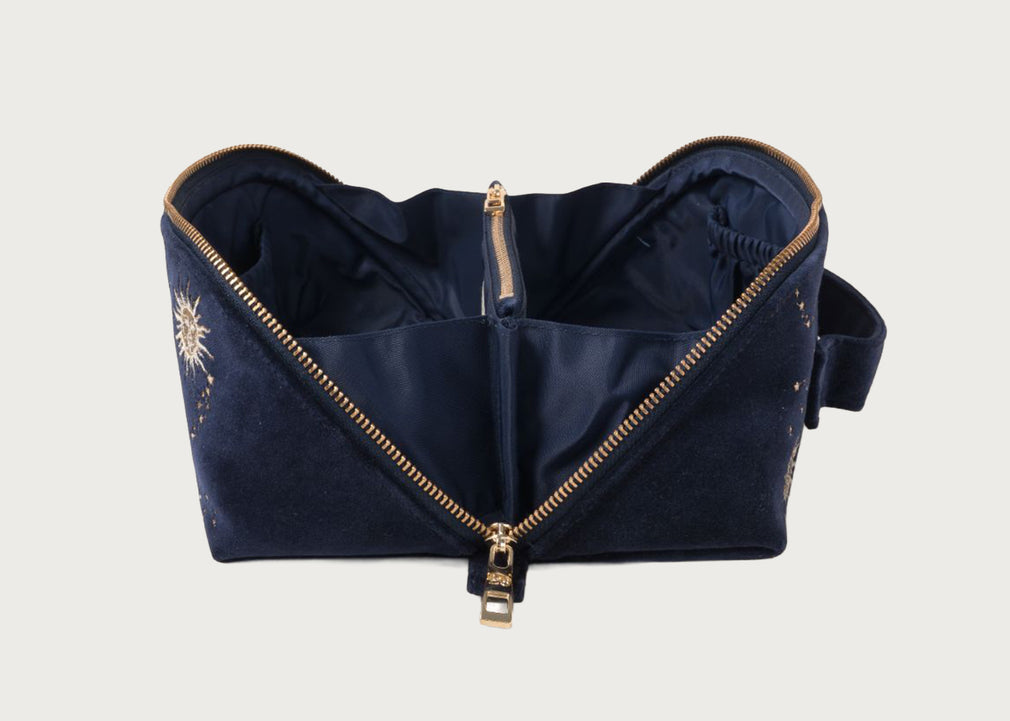Celestial Sun & Moon Velvet Open Flat Makeup Bag Navy