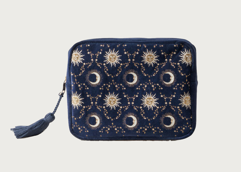 Celestial Sun & Moon Velvet Wash Bag Navy