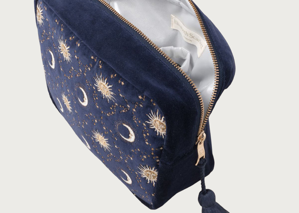 Celestial Sun & Moon Velvet Wash Bag Navy