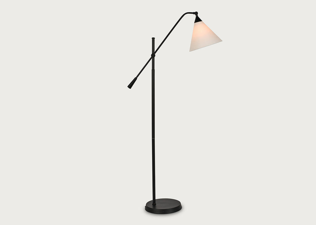 A modern black floor lamp with an adjustable articulated arm and a conical shade, shown illuminated against a plain light gray background.