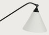 A modern adjustable desk lamp featuring a matte black metal arm and a tapered white metal shade, shown against a solid off-white background.