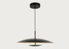 A modern pendant light fixture with a wide, shallow black metal shade, a thin black suspension rod, a circular black ceiling canopy, and a warm brass central support, shown against a solid off-white background.