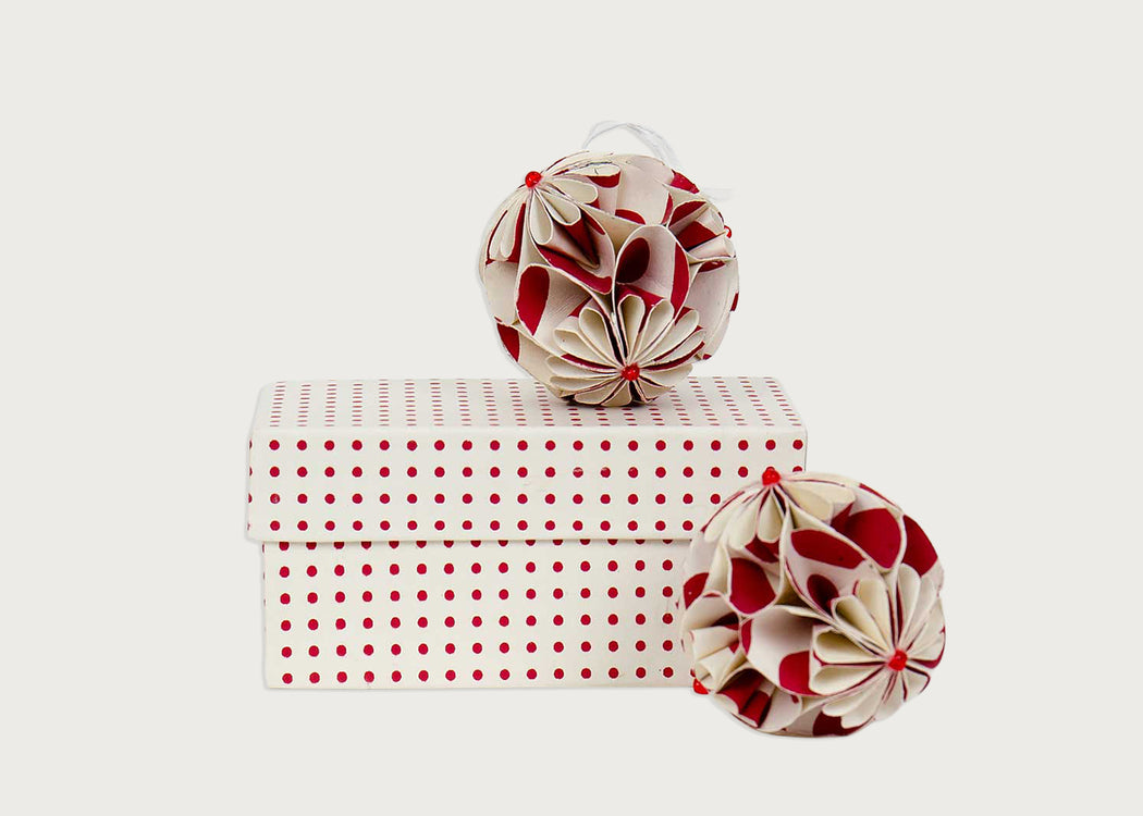 Flower Ball Ornament Set of 2 White & Red