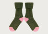 Lambswool Silk Socks Dark Green & Dusky Pink (4-7)