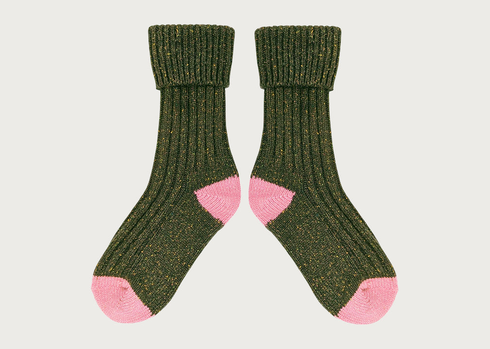 Lambswool Silk Socks Dark Green & Dusky Pink (4-7)